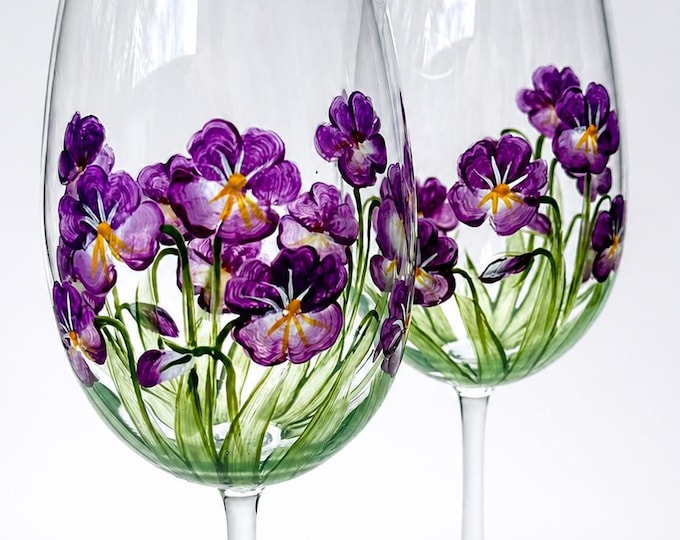 Hand Painted Violet Wine Glasses Set – February Birth Flower Botanical Art