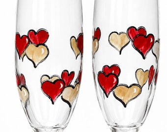 Hand Painted Hearts Champagne Flutes Set of 2 made in USA