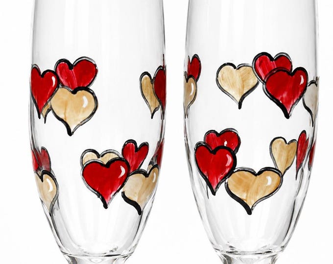 Hand Painted Hearts Champagne Flutes Set of 2 made in USA