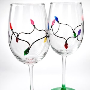 Holiday Party Wine Glasses Set of 2 - Hand-Painted with String Lights