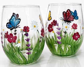 Hand Painted Floral Butterfly Stemless Wine Glasses: Set of 2 Botanical Garden Wedding Gifts