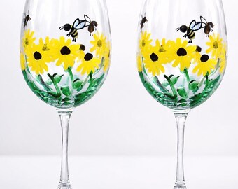 Hand Painted Wine Glasses set of 2  – Bees, Wildflowers, Garden Decor