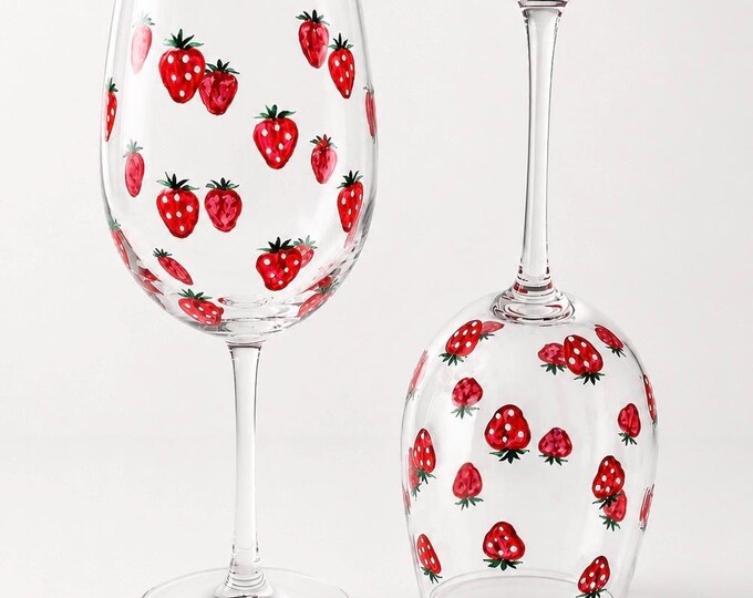 Hand-Painted Strawberry Wine Glasses Set of 2, Minimalist Summer Decor