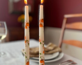 Pumpkin taper candles with Fall leaves, hand painted. Slow burning, unscented.  Halloween and Thanksgiving decor.