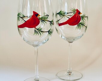 Hand Painted Cardinal Wine Glasses - set of 2 Christmas Holiday Bird Stemware
