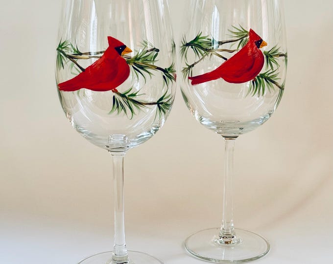 Hand Painted Christmas Cardinal Wine Glasses - set of 2 Christmas Holiday Bird Stemware