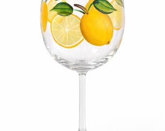 Lemon wine glass, hand painted citrus decor, hostess gift