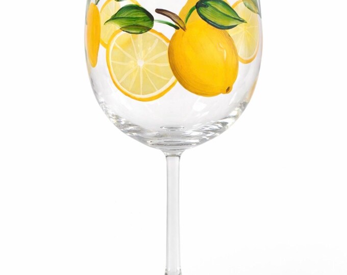 Lemon wine glass, hand painted citrus decor, hostess gift