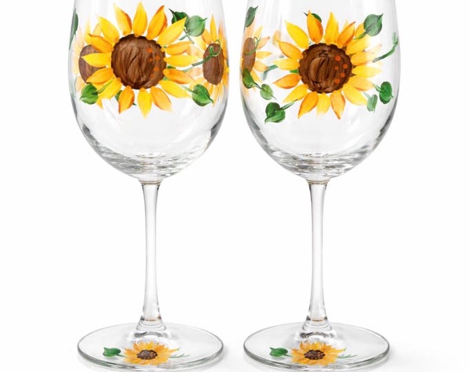 Sunflower wine glasses hand painted set of 2 - Wine tumbler gift for her - Sunflower decor - USA