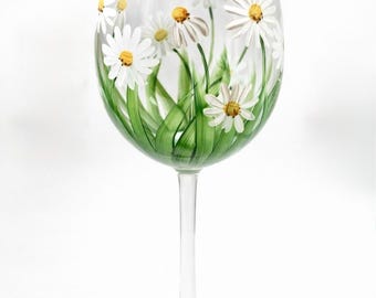 Hand Painted Daisy Wine Glass: April Birth Month Flower Gift