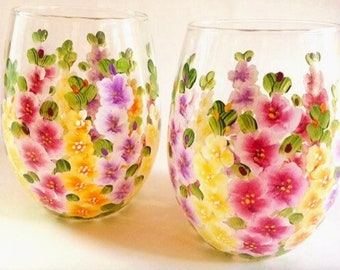 Stemless wine glasses. Gladiolus hand painted. August birth flower. Set of two. August birthday gift. Garden wedding. USA.