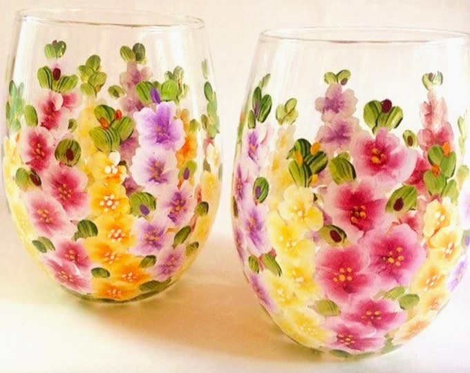 Stemless wine glasses. Gladiolus hand painted. August birth flower. Set of two. August birthday gift. Garden wedding. USA.