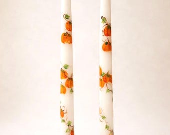 Hand Painted Pumpkin Taper Candles: Thanksgiving Fall Decor, Set of 2