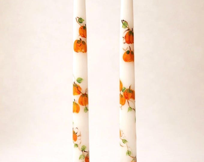 Hand Painted Pumpkin Taper Candles: Thanksgiving Fall Decor, Set of 2