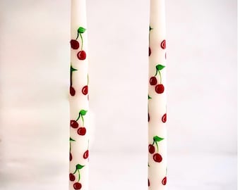 Hand Painted Cherry Taper Candles - Set of 2 - 12 Inch