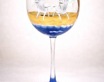 Hand Painted Beach Wine Glass: Adirondack Chairs, Palm Tree Barware