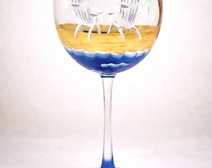 Hand Painted Beach Wine Glass: Adirondack Chairs, Palm Tree Barware