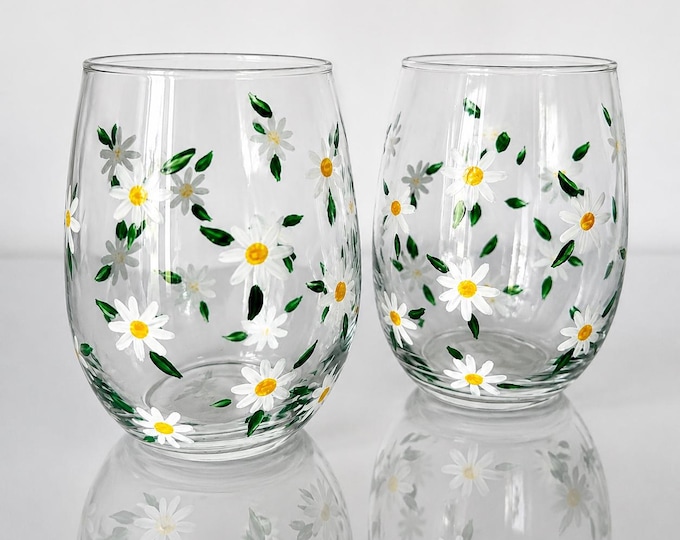 Stemless Daisy wine glasses, set of 2 hand painted wildflower glasses. Made in USA