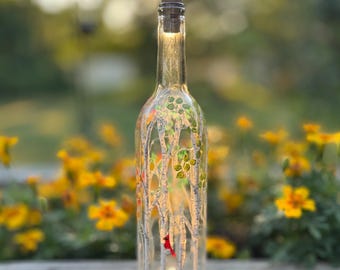 Hand Painted Four Season Birch Tree Wine Bottle Light: Floral Decor, LED Fairy Lights