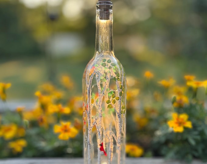 Hand Painted Birch Tree Wine Bottle Light: Floral Decor, LED Fairy Lights