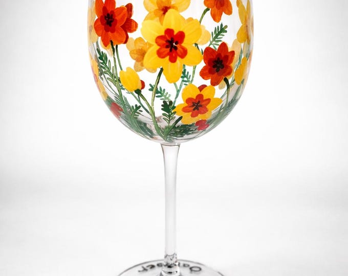 Hand-Painted October Birth Flower Wine Glass: Personalized Marigold Fall Barware