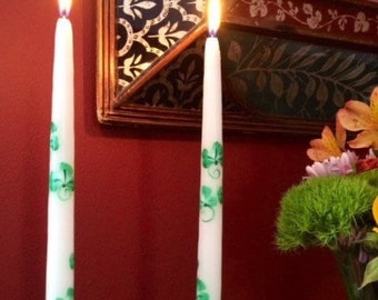 St Patrick’s Day Candles - Irish Shamrock tapers - Set of two 12 inch unscented tapers - cotton wicks - slow burning- hand painted.