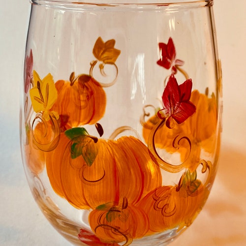 Hand Painted Large Stemless Wine Glass / Colorful Fall Leaves Etsy