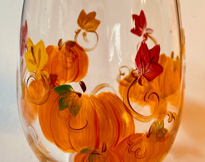 Stemless Fall wine glass with pumpkins and leaves hand painted Thanksgiving decor. Autumn wine glass. Fall birthday gift.