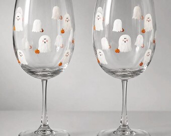 Halloween Ghost Wine Glasses set of 2, Hand-Painted Pumpkins, Minimalist Fall Decor, October birthday gift