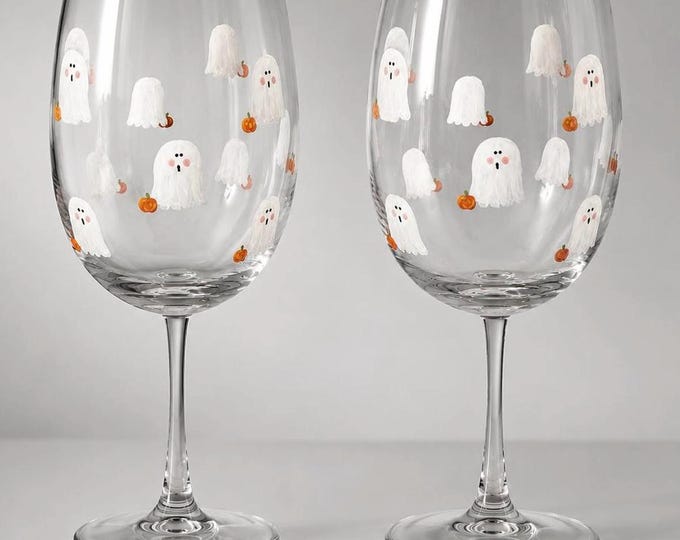 Hand-Painted Ghost and Pumpkin Wine Glasses Set of 2, Minimalist Fall Decor