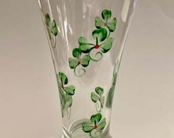 Pilsner glass hand painted shamrocks. Irish wedding barware- St. Patrick's Day- Gift for him-March birthday gift