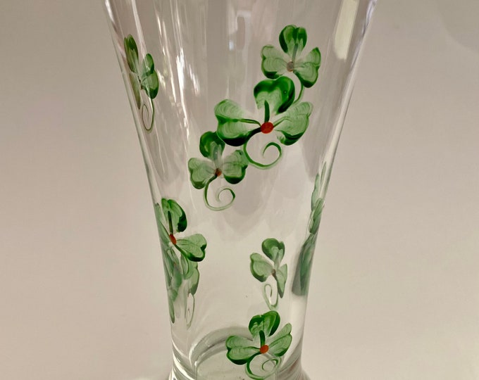 Pilsner glass hand painted shamrocks. Irish wedding barware- St. Patrick's Day- Gift for him-March birthday gift