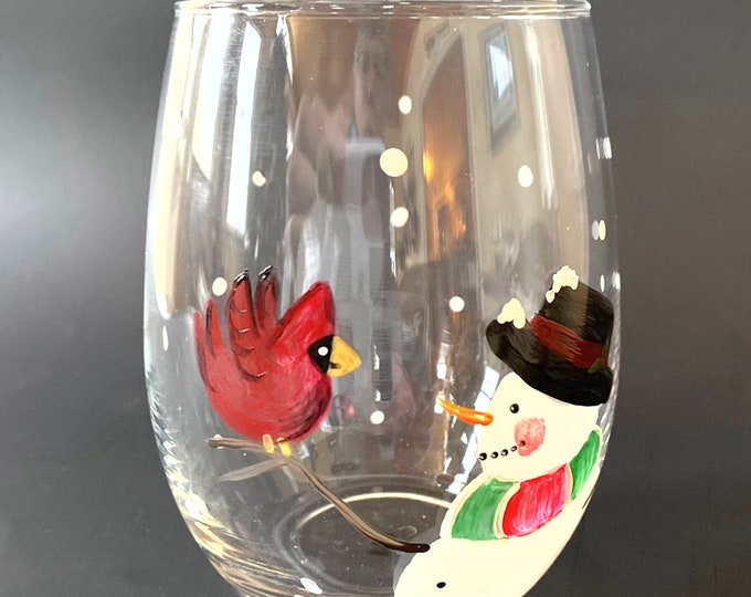 Cardinal Snowman Wine Glass, Hand-Painted Stem or Stemless, Memorial gift, Christmas decor, Festive Gift for Wine Lover.
