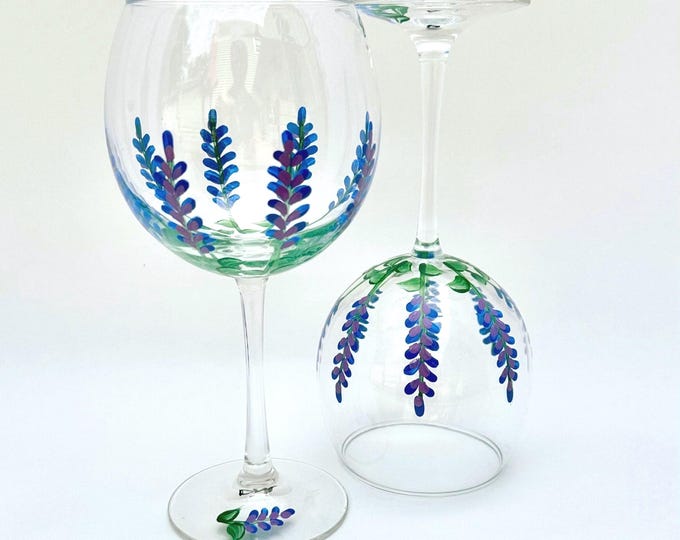 Hand Painted Lavender Wine Glasses: Minimalist Floral Design, Set of 2 made in USA