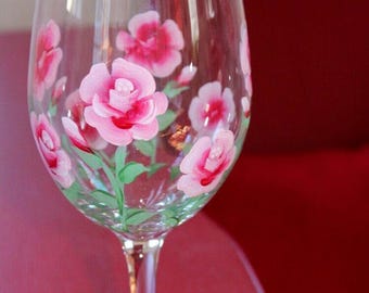 Hand Painted Rose Wine Glass: June Birthday Gift, Garden Decor - Made in USA