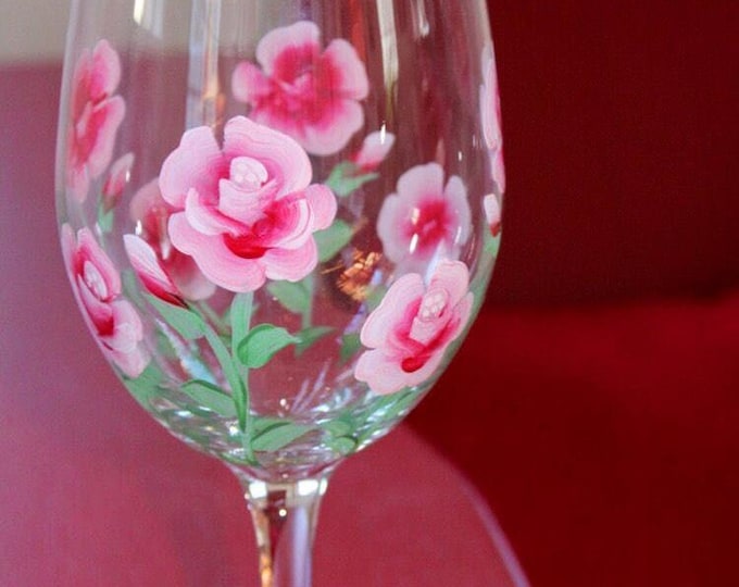 Hand Painted Rose Wine Glass: June Birthday Gift, Garden Decor - Made in USA