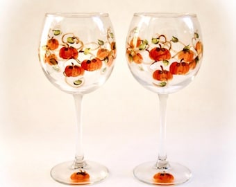 Hand Painted Pumpkin Wine Glasses - Thanksgiving Autumn Decor (Set of 2)