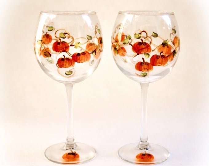 Hand Painted Pumpkin Wine Glasses - Thanksgiving Autumn Decor (Set of 2)