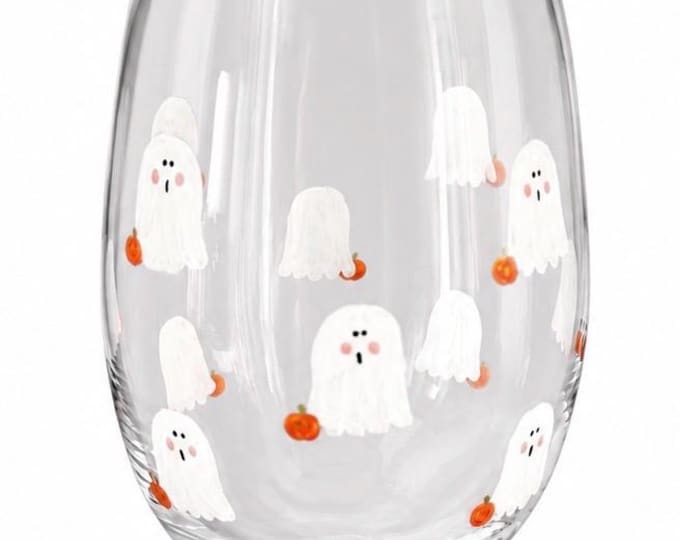Hand-Painted Ghost and Pumpkin Wine Glass, Minimalist Fall Decor