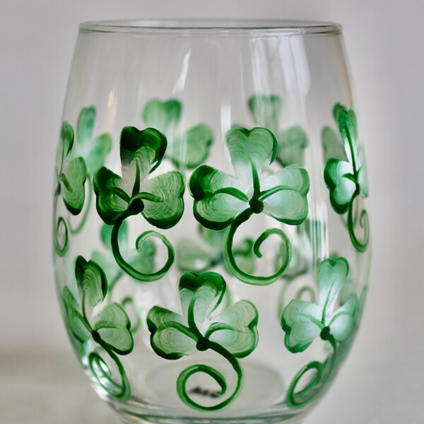 Stemless St. Patrick's Day wine glass hand painted shamrocks. March Irish birthday glass, Wine lover gift for her.