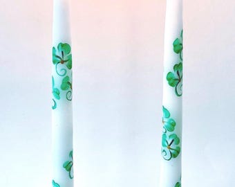 Hand Painted Shamrock Candles, Irish Set of 2, Unscented Slow Burning