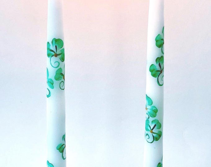 Hand Painted Shamrock Candles, Irish Set of 2, Unscented Slow Burning