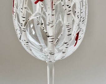 Winter White Birch Trees with Cardinals.  Hand painted wine glass.  Made in USA.
