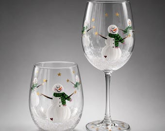 Hand Painted Snowman Wine Glass: Winter  Decor