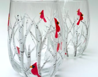 Hand painted cardinal wine glasses, set of 2 stemless- Christmas hostess gift, holiday decor- Winter wedding favor.