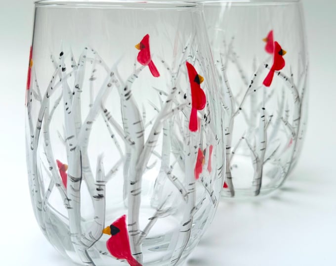 Hand painted cardinal wine glasses, set of 2 stemless- Christmas hostess gift, holiday decor- Winter wedding favor.