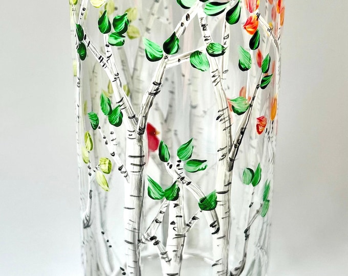 Hand painted birch tree glass vase four seasons floral decor nature art gift