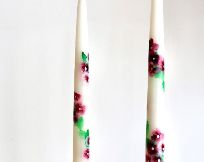 Hand painted taper candles with blue or pink hydrangeas- Set of two 12” tapers. Slow burning, unscented
