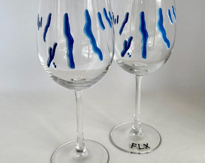 Finger Lakes FLX wine glasses, set of 2, hand painted NY Wine Country art. Great for wine tours and weddings! Made in USA
