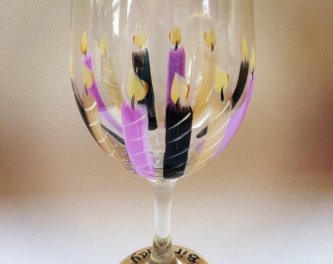 Happy Birthday Wine Glass. large capacity 20 oz. Hand painted. Lead free glass and made in the USA.